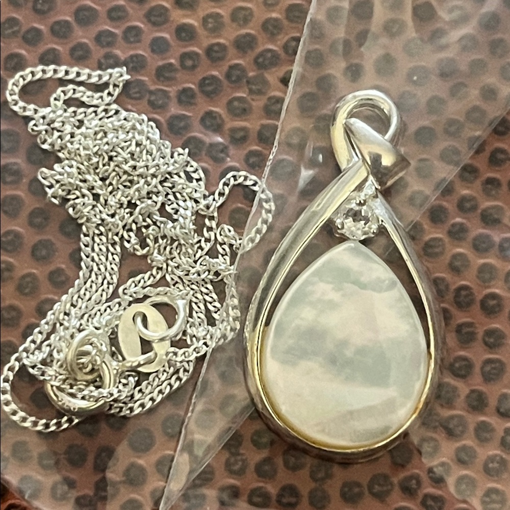 Vintage Avon sterling drop pendant necklace MOP insert and rhinestone accent